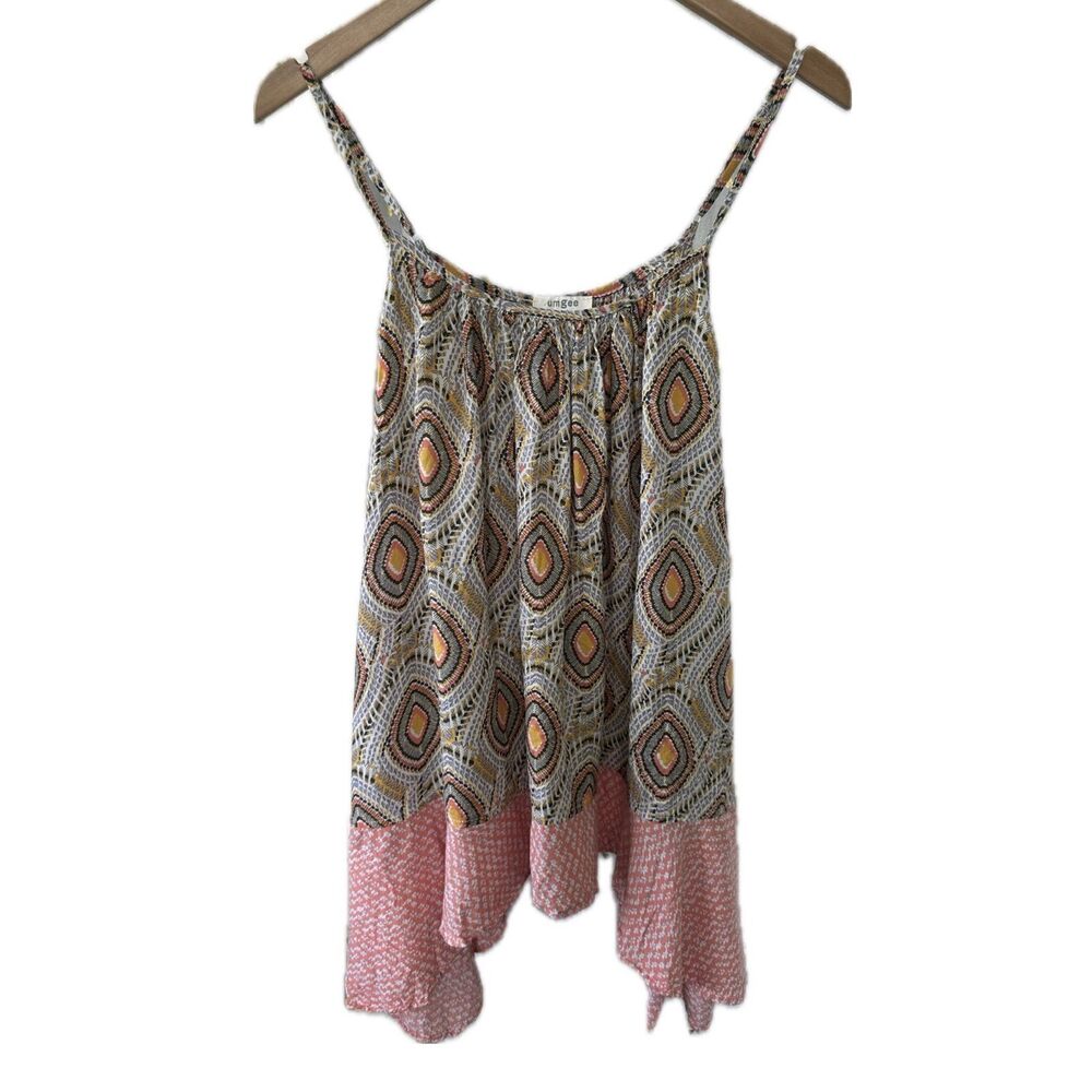 Umgee Bohemian Mix Print Semi Sheer Spaghetti Strap Swing Shark Bite Tank Top M
